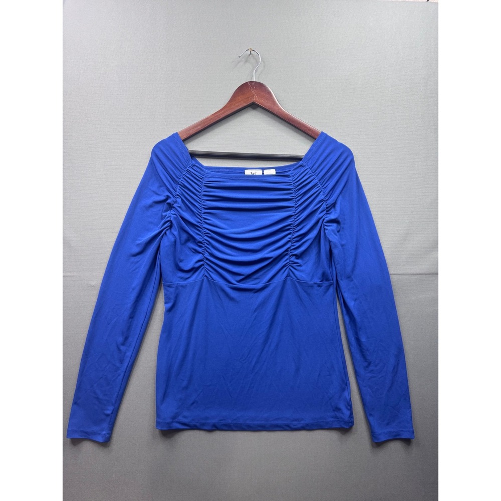 Worthington Royal Blue Ruched Square Neck Long Sleeve Stretch Top Medium